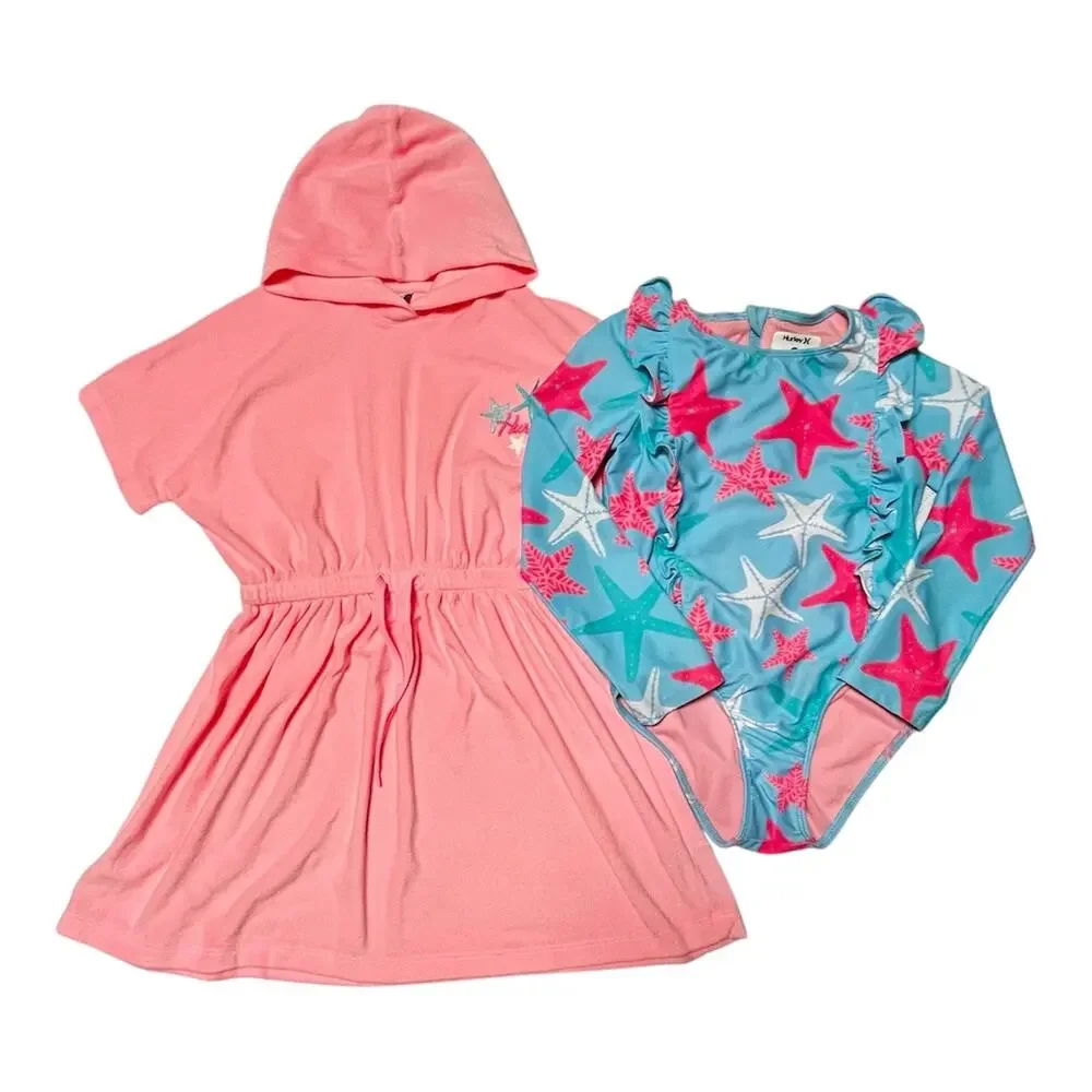 Hurley Rash Guard Swim Suit and Terry Coverup Dress Size 8